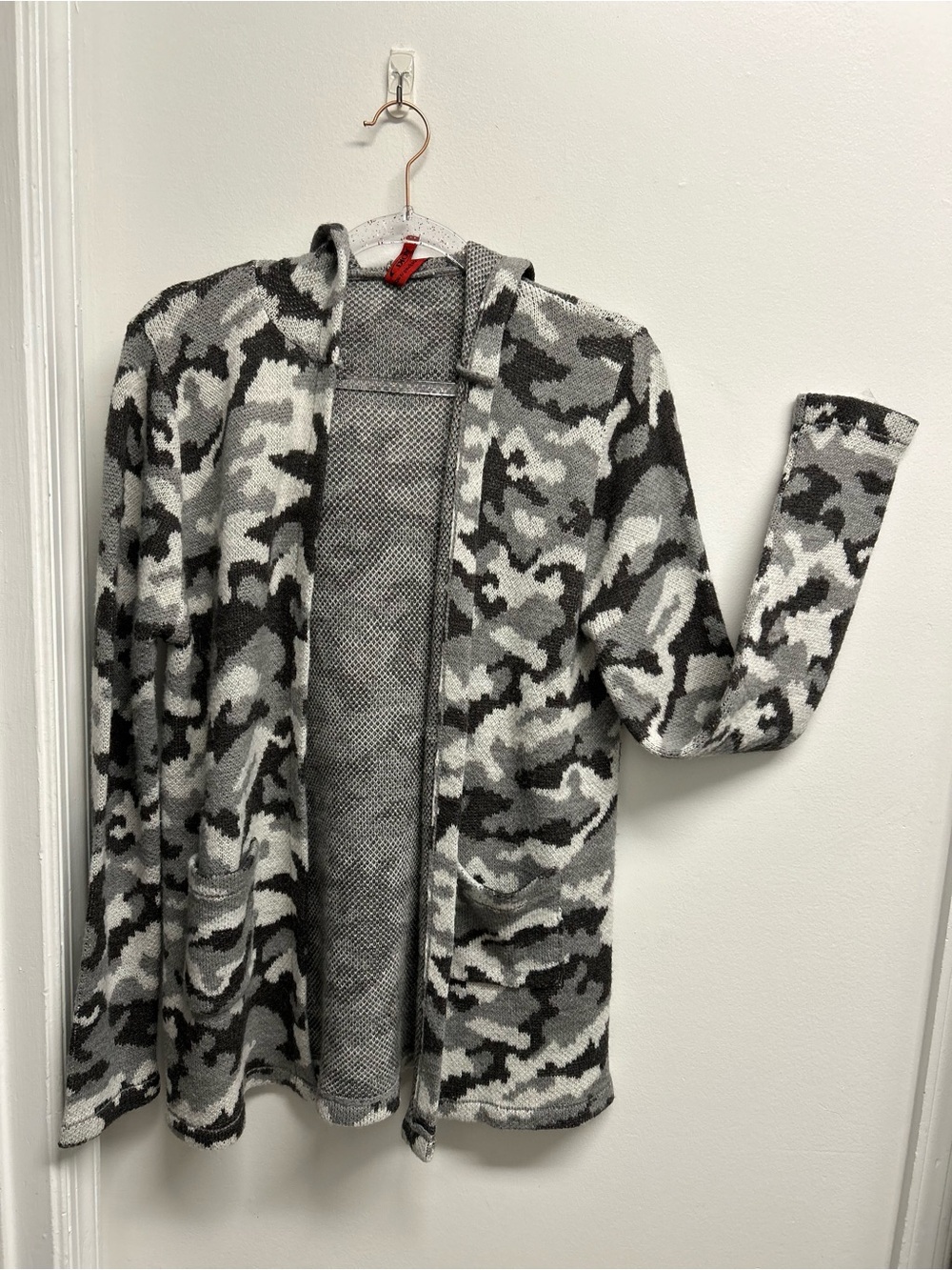 Yoki Women's Gray Camo Hooded open Cardigan Jacket with pockets
